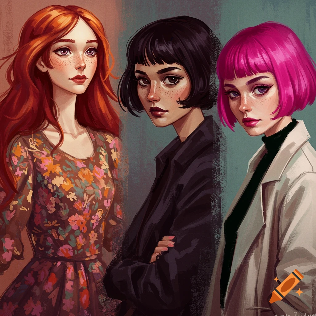 Three young women with red, black, and pink bob hair, wearing different outfits.