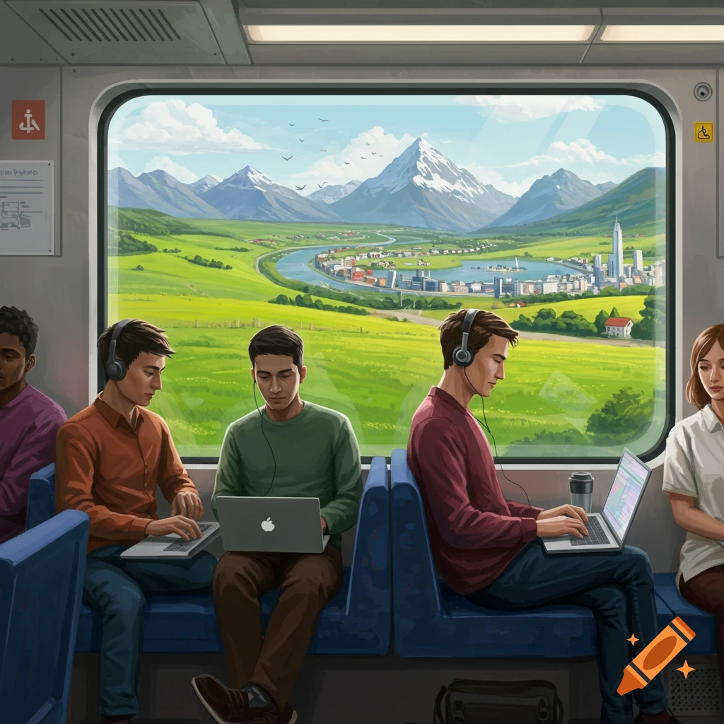 People working on laptops aboard a train with a scenic landscape view outside the window.