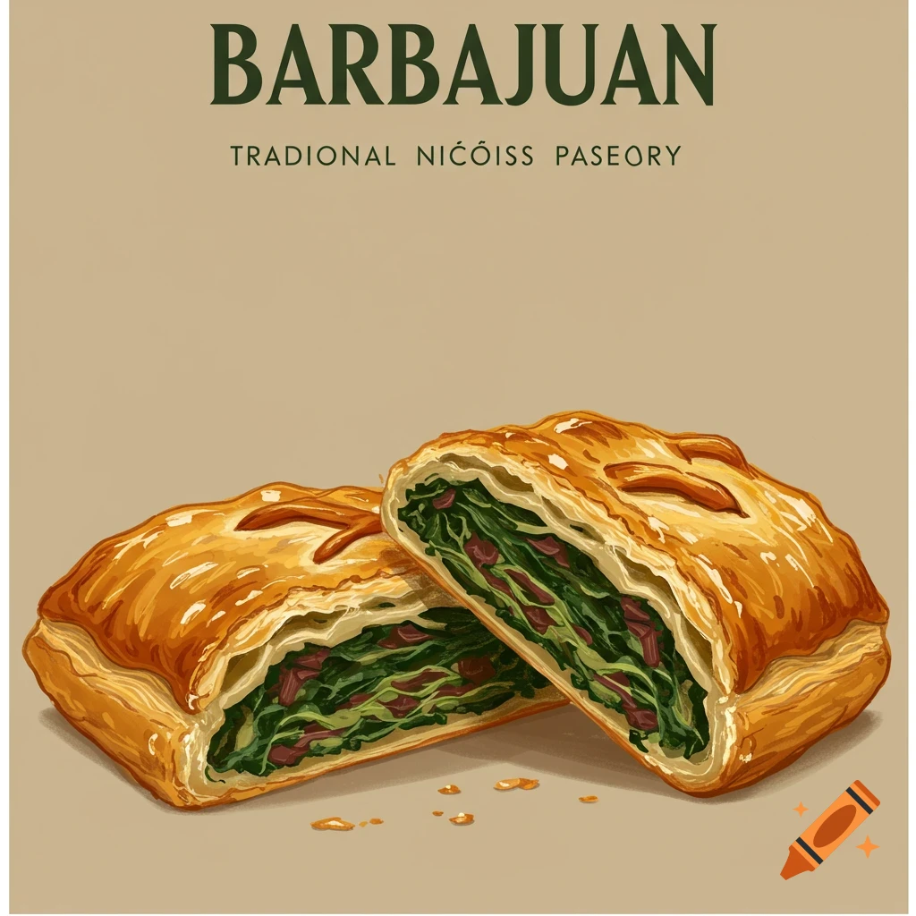A Barbajuan pastry cut in half, with text above.