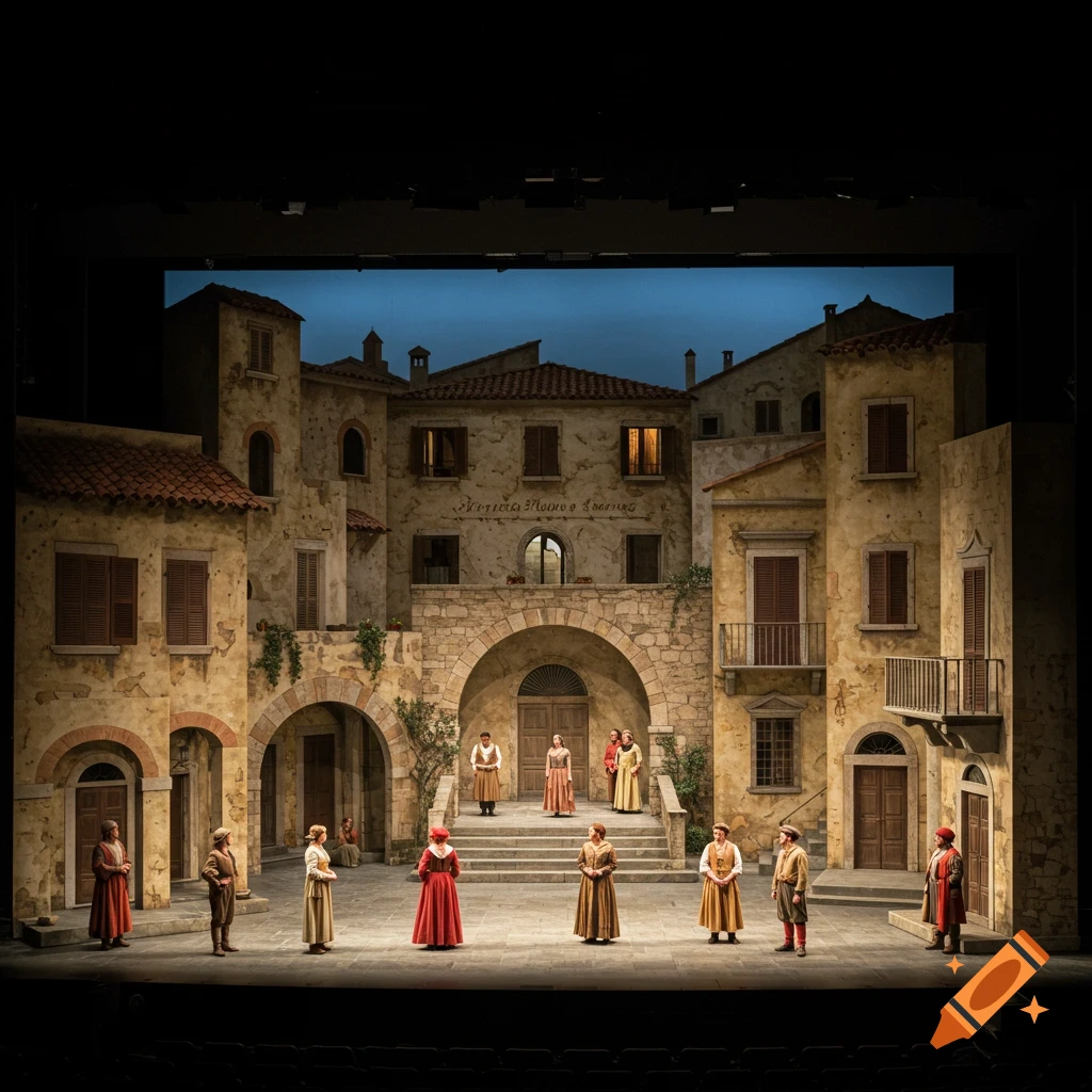 Theater stage set designed as an Italian village square with buildings, arches, stairs, and people in period costumes.