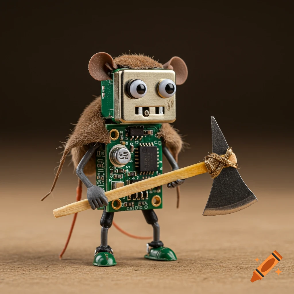 A tiny robot made of electronic parts with mouse ears and fur cloak stands holding an axe made from a matchstick and tin.