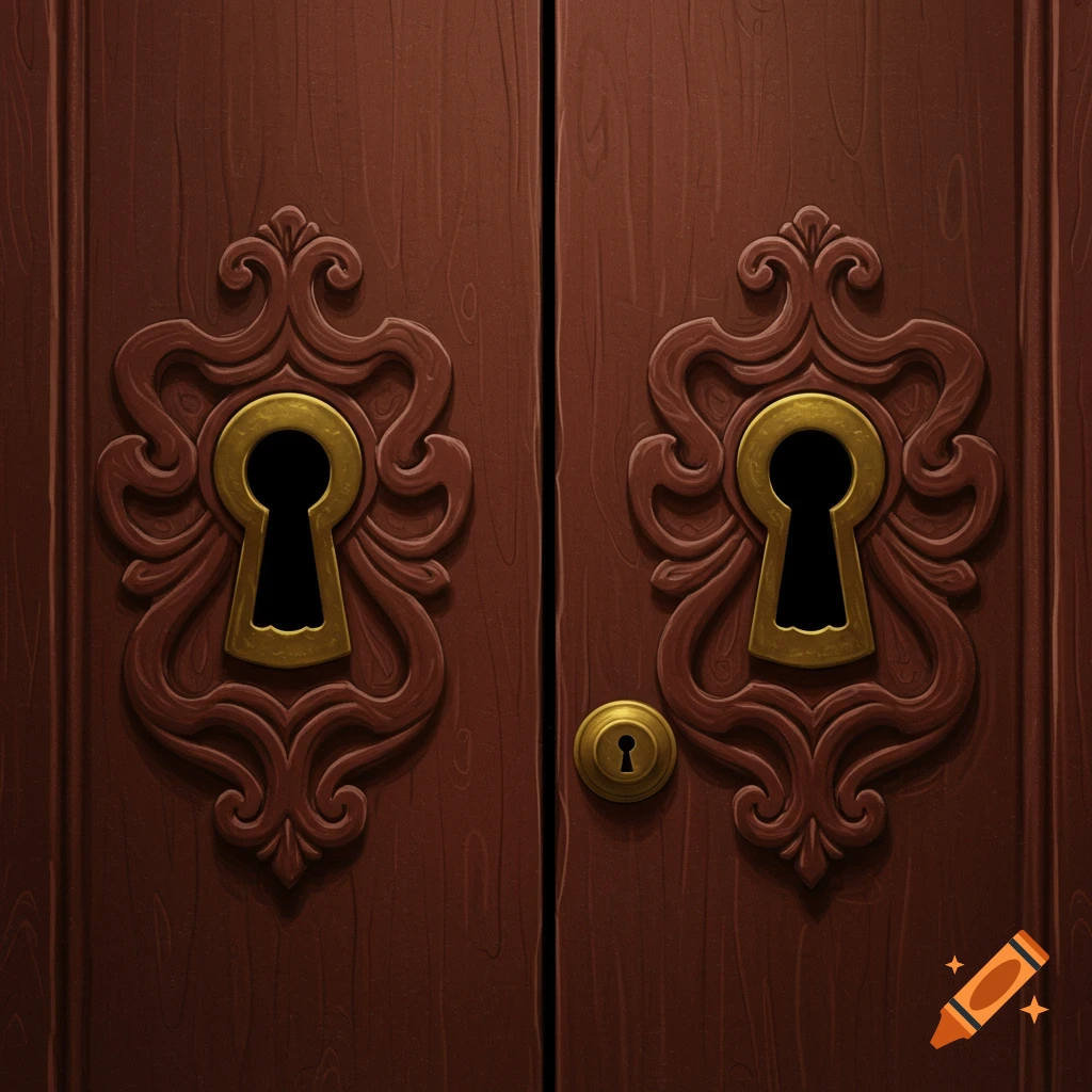 Close-up of a double wooden door with ornate brass keyholes and a handle.
