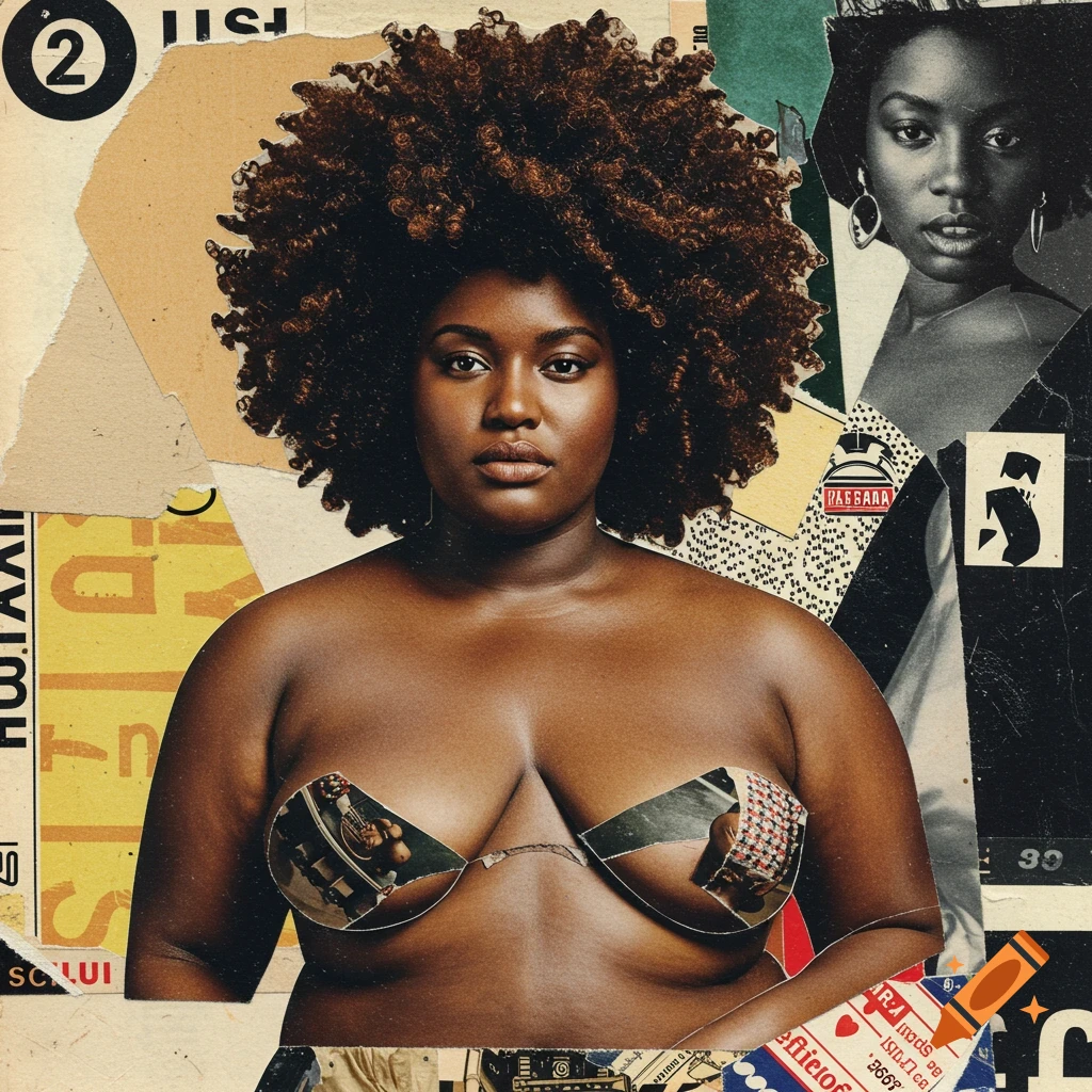 Collage portrait of a Black woman with large curly hair and bare shoulders, her chest partially covered by collage elements in a vintage style.