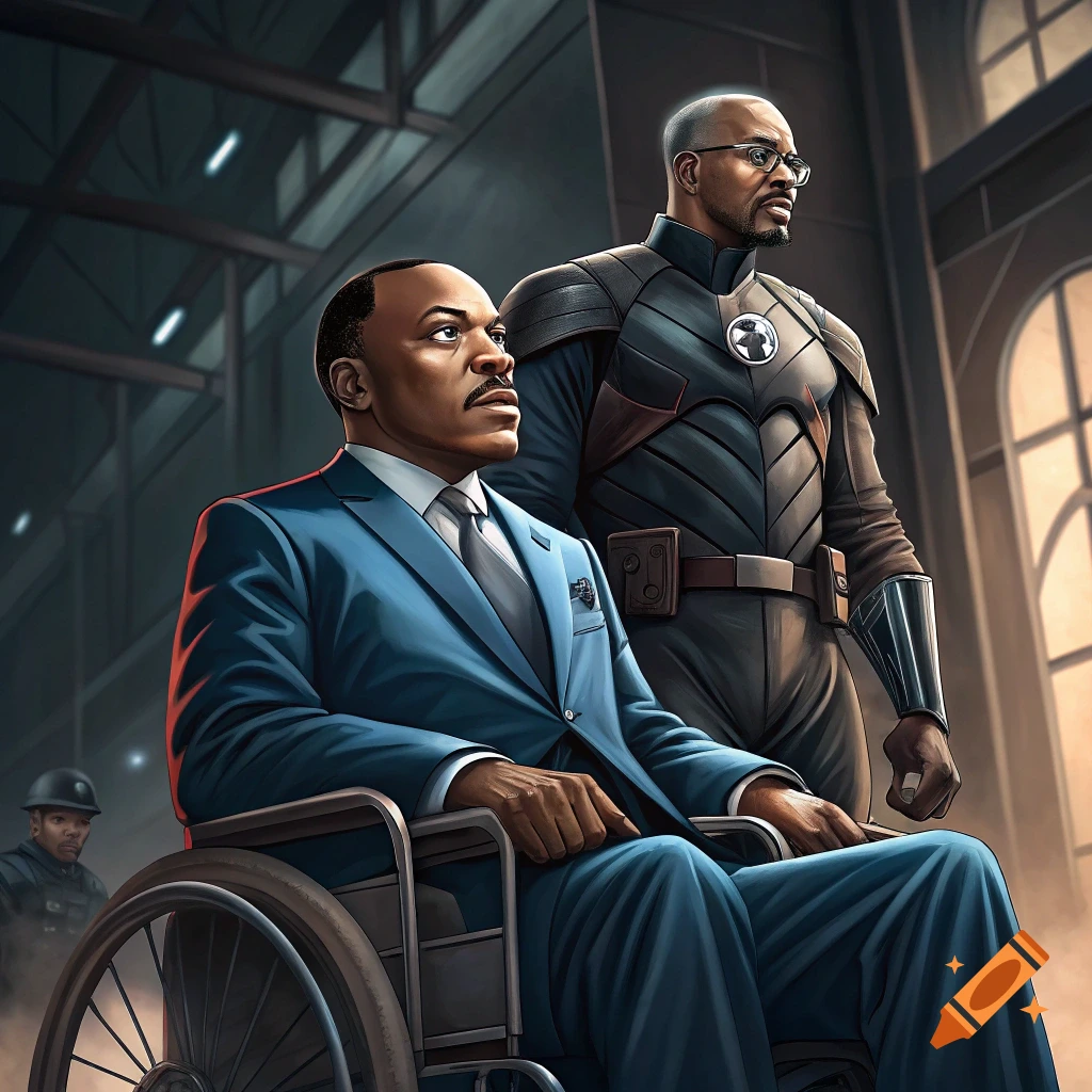 Illustration of MLK Jr. as Professor X in a wheelchair and Malcolm X as Magneto standing behind him in a comic book style.