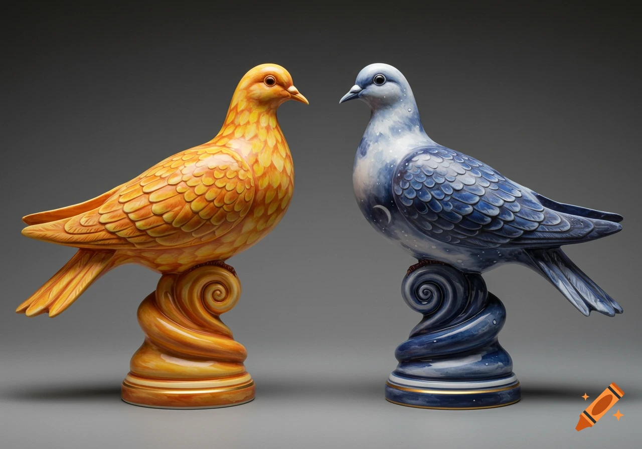 Two porcelain dove statues, one orange sun design, one blue moon design, on swirling pedestals.