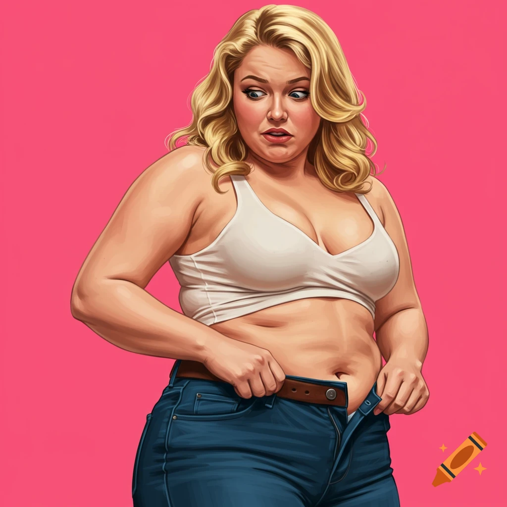 A woman in a bra struggling to pull on jeans against a pink background.