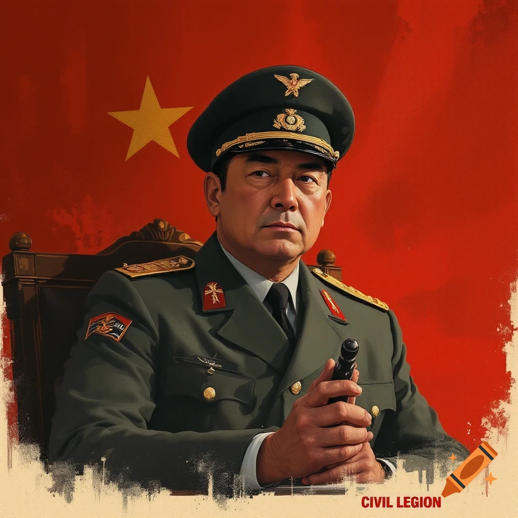 Propaganda poster of a man in a military uniform sitting in front of a red flag with a star, text reads CIVIL LEGION.