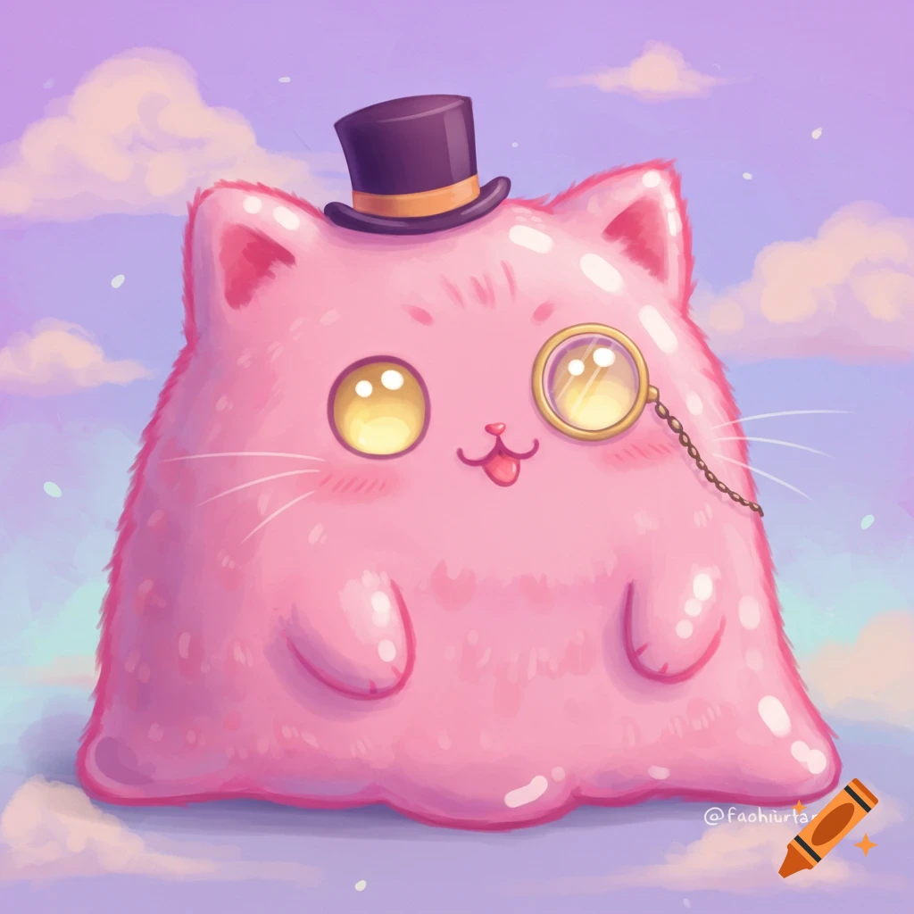 A pink blob cat creature wearing a top hat and monocle.