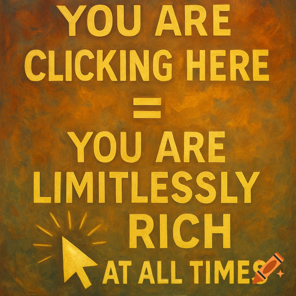 Yellow text 'YOU ARE CLICKING HERE = YOU ARE LIMITLESSLY RICH AT ALL TIMES' and a cursor icon on a textured brown background.