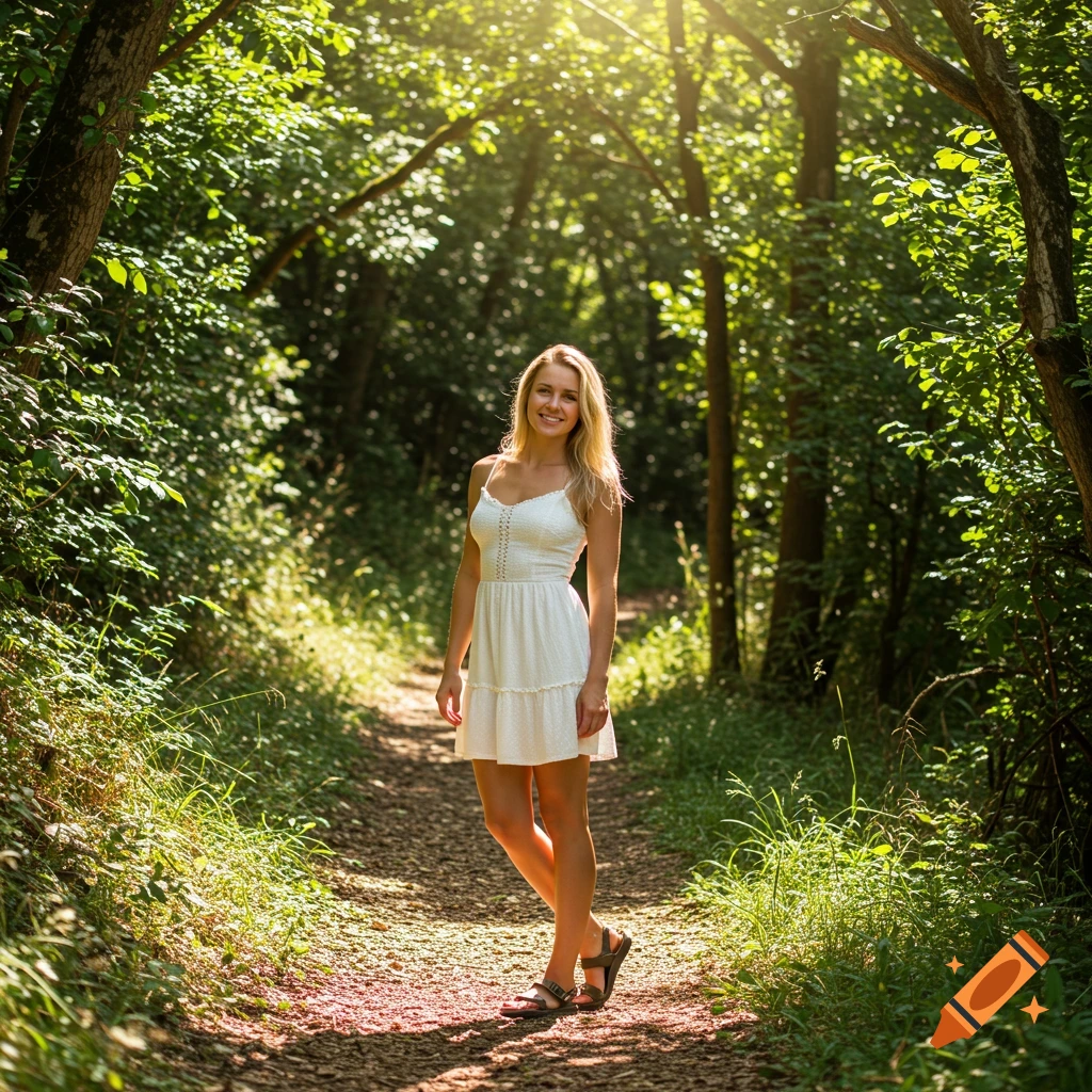 A blonde girl in a white sundress smiles while standing on a sunny forest path.