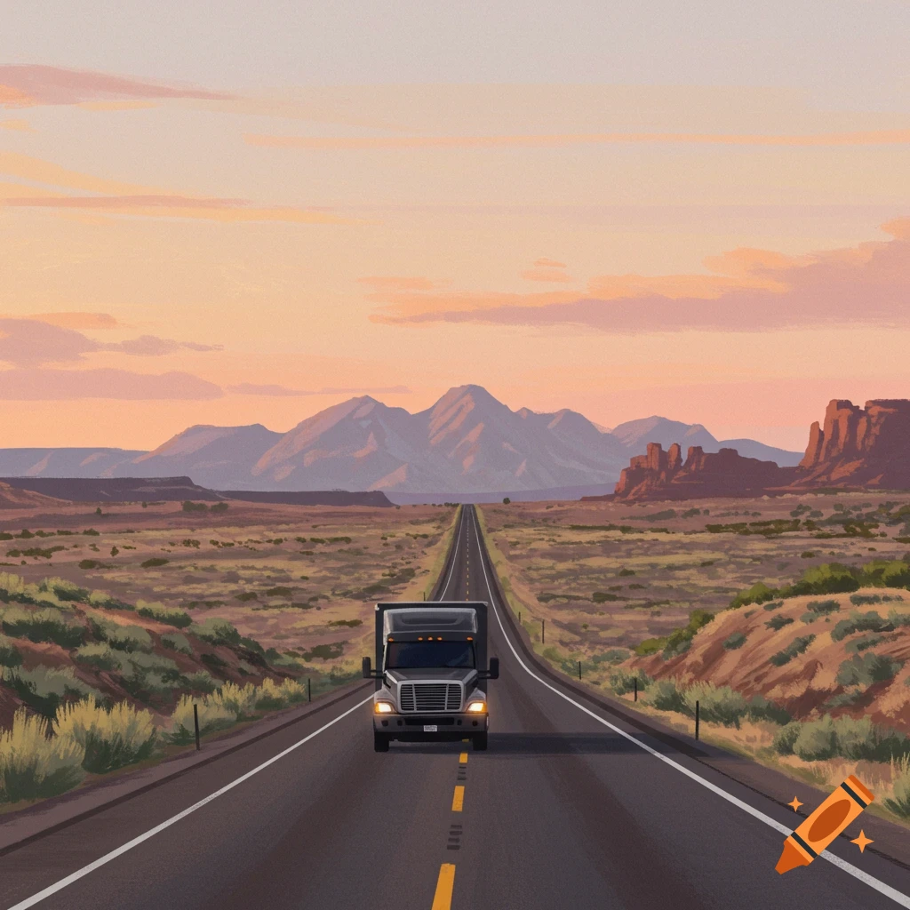 A black truck driving down a long straight highway through a desert landscape at sunset.