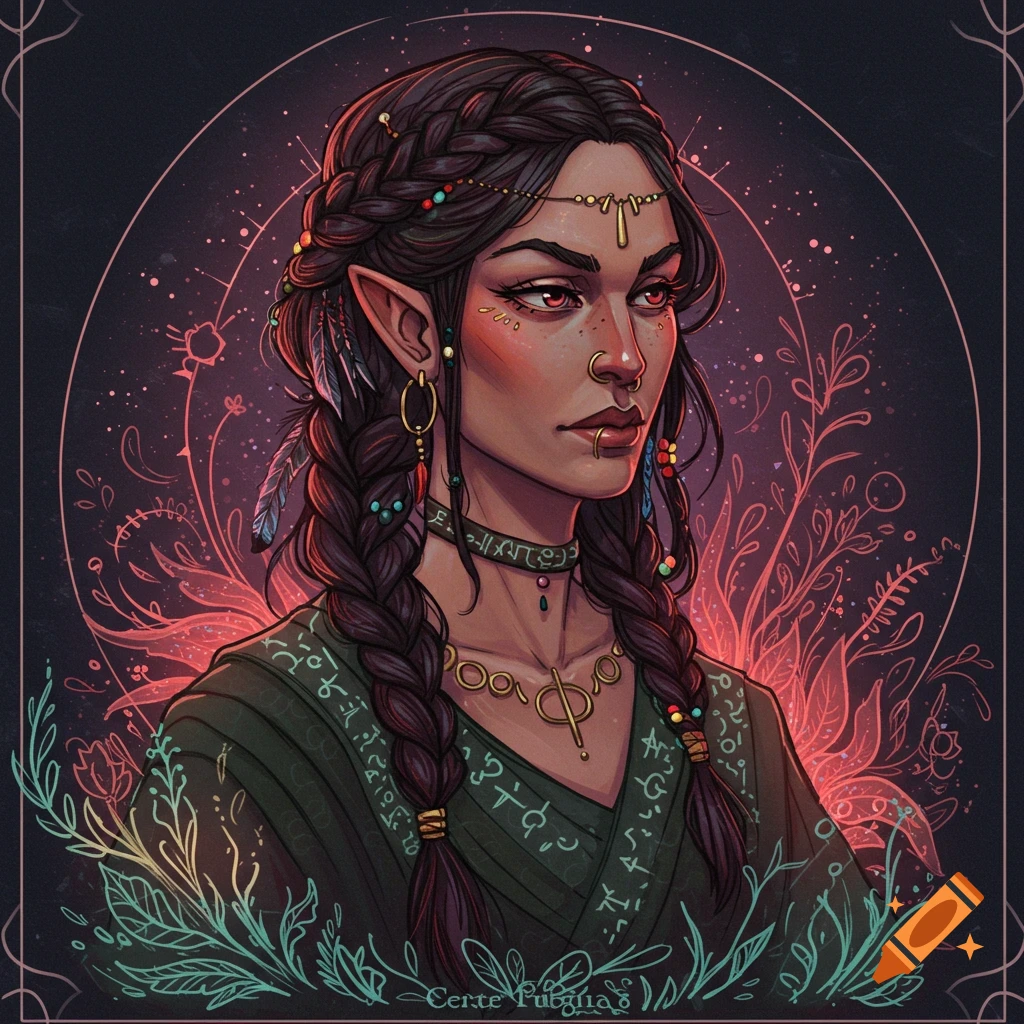 A fantasy woman with elf ears, braids, and jewelry. She is in front of a mystical background.