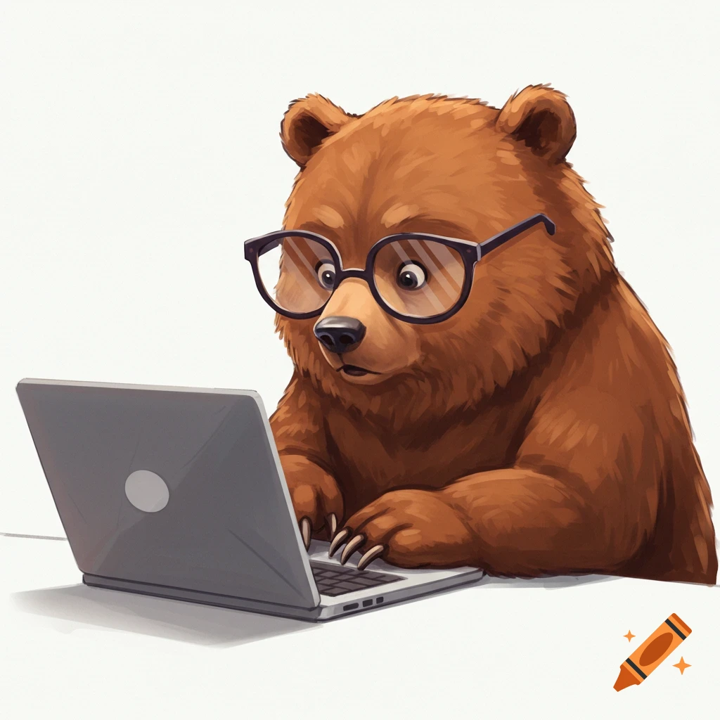 Cartoon bear wearing glasses uses a laptop