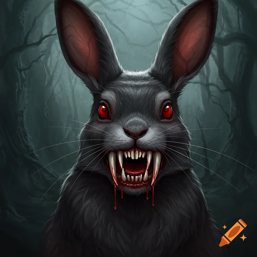 A black rabbit with red eyes and bloody fangs in a dark forest.