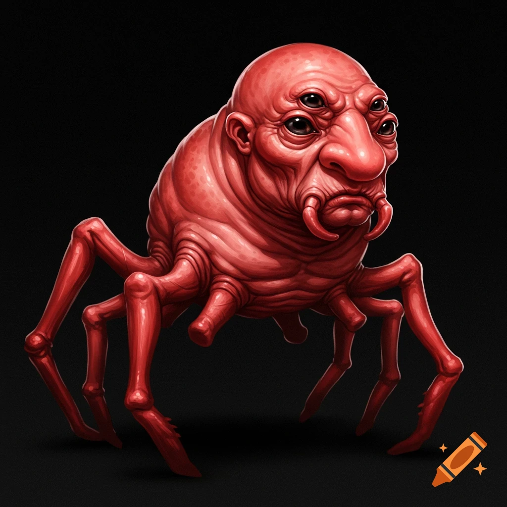 A red, four-eyed, eight-legged alien creature.