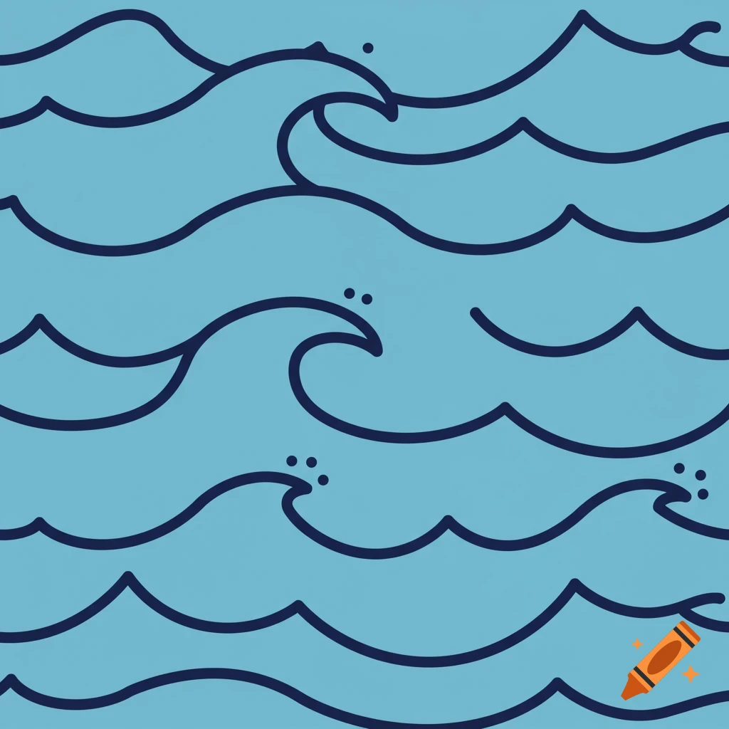 A seamless pattern of stylized dark blue ocean waves on a light blue background.