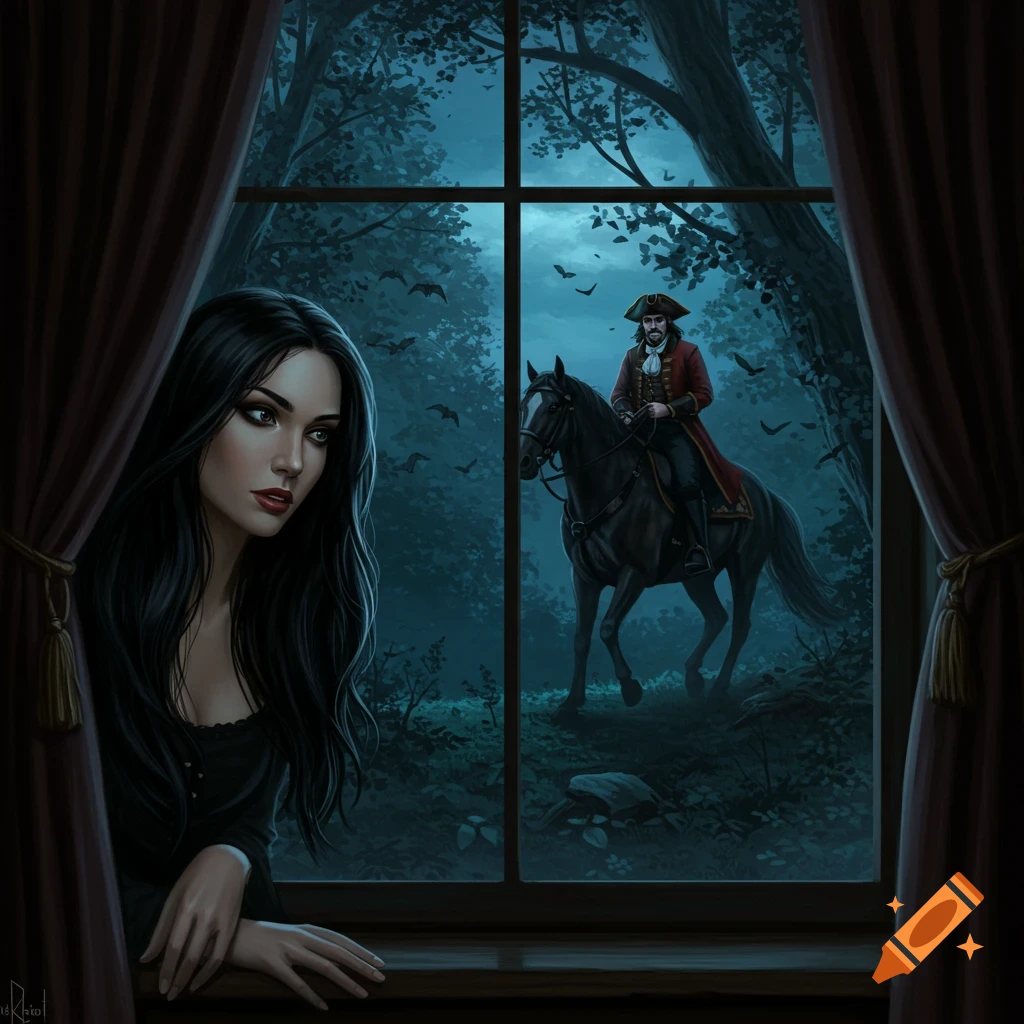 A woman looks out a window at night at a man on a horse.