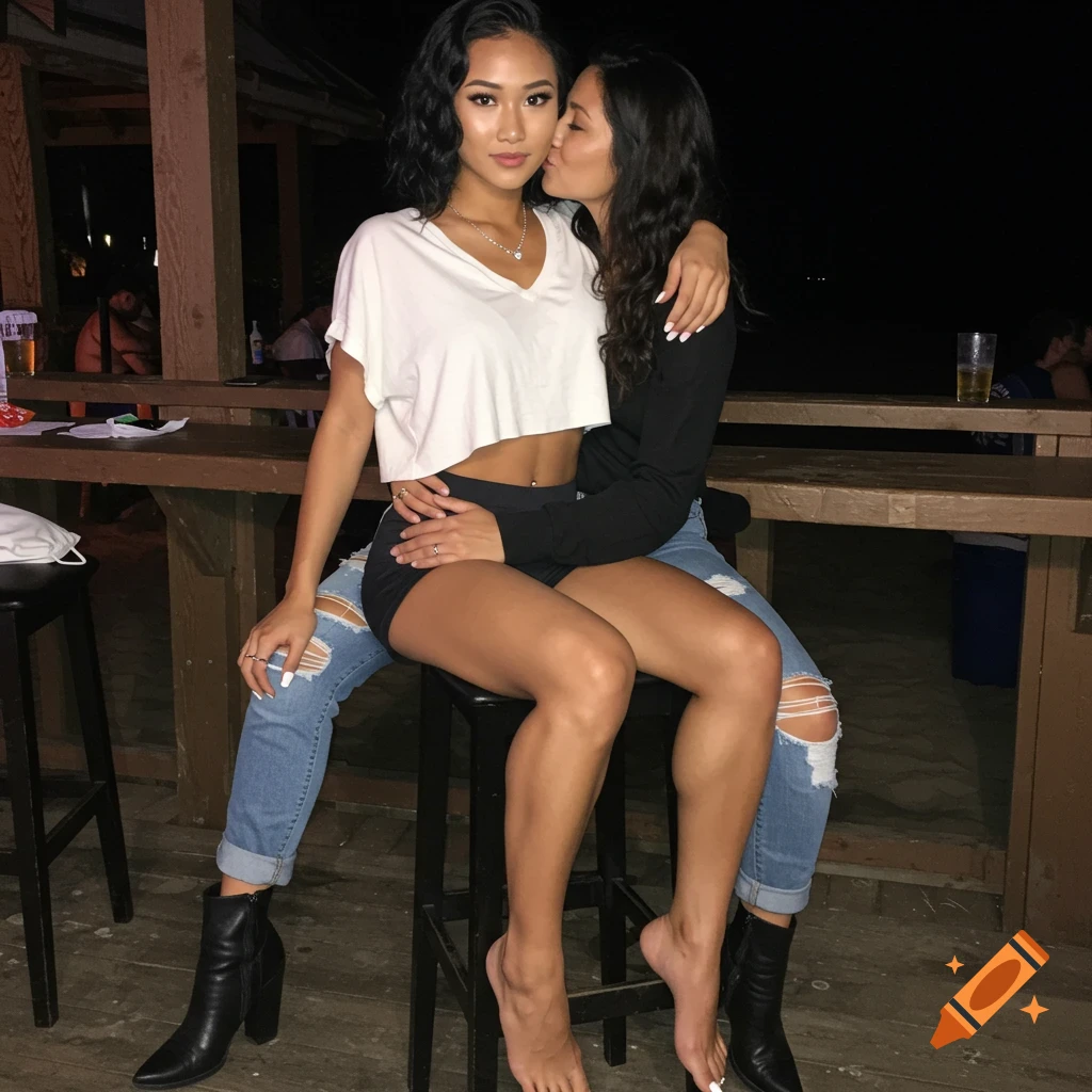 Two women sit on a barstool, one kissing the other on the cheek, at a beach bar at night.