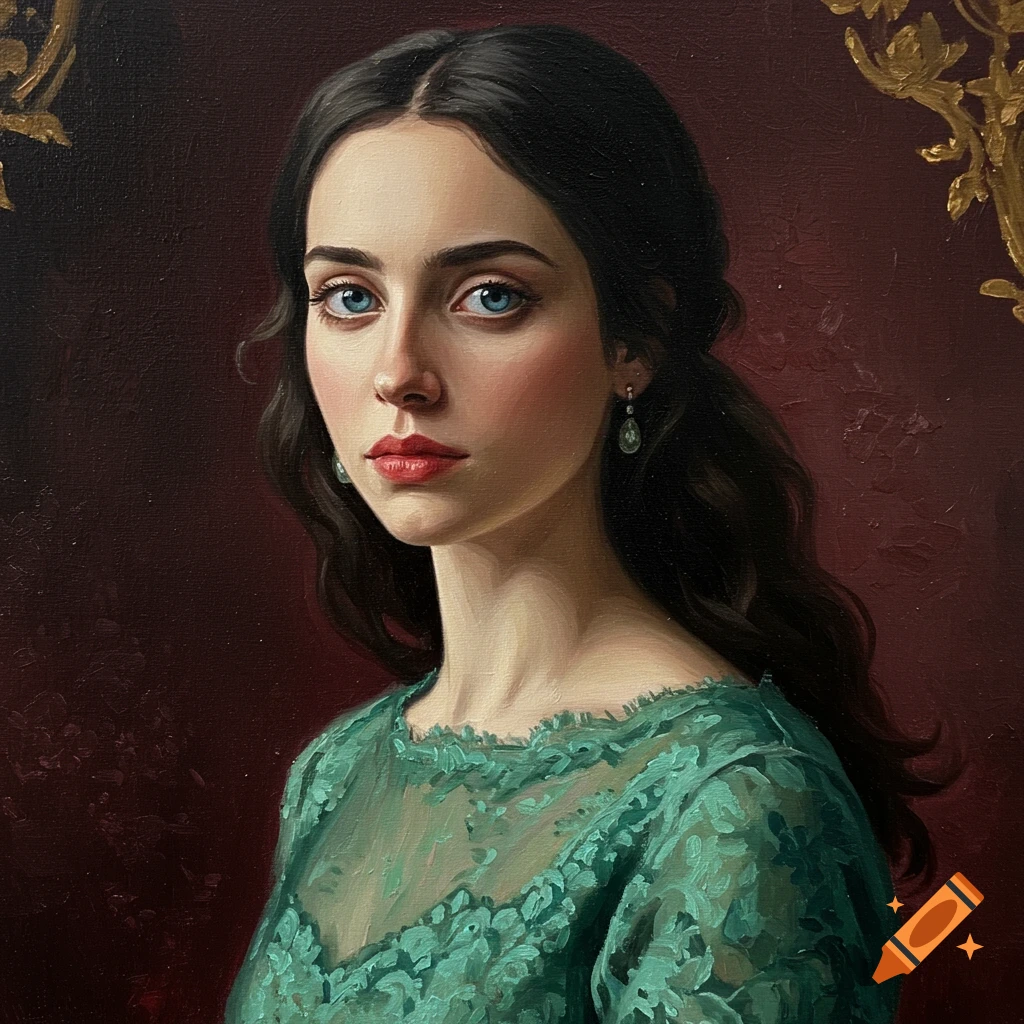 Oil painting portrait of a woman with dark hair and blue eyes in a green lace dress against a red background.