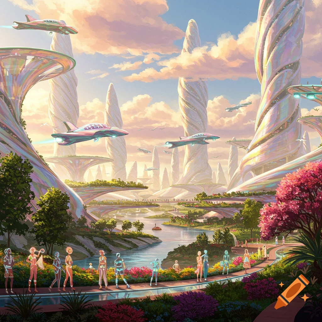 A vibrant scene of a utopian futuristic city with spiraling towers, flying vehicles, a river, and stylized people walking in gardens.