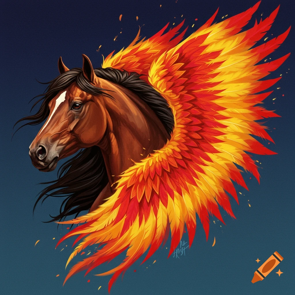 Mustang head with fiery phoenix feathers