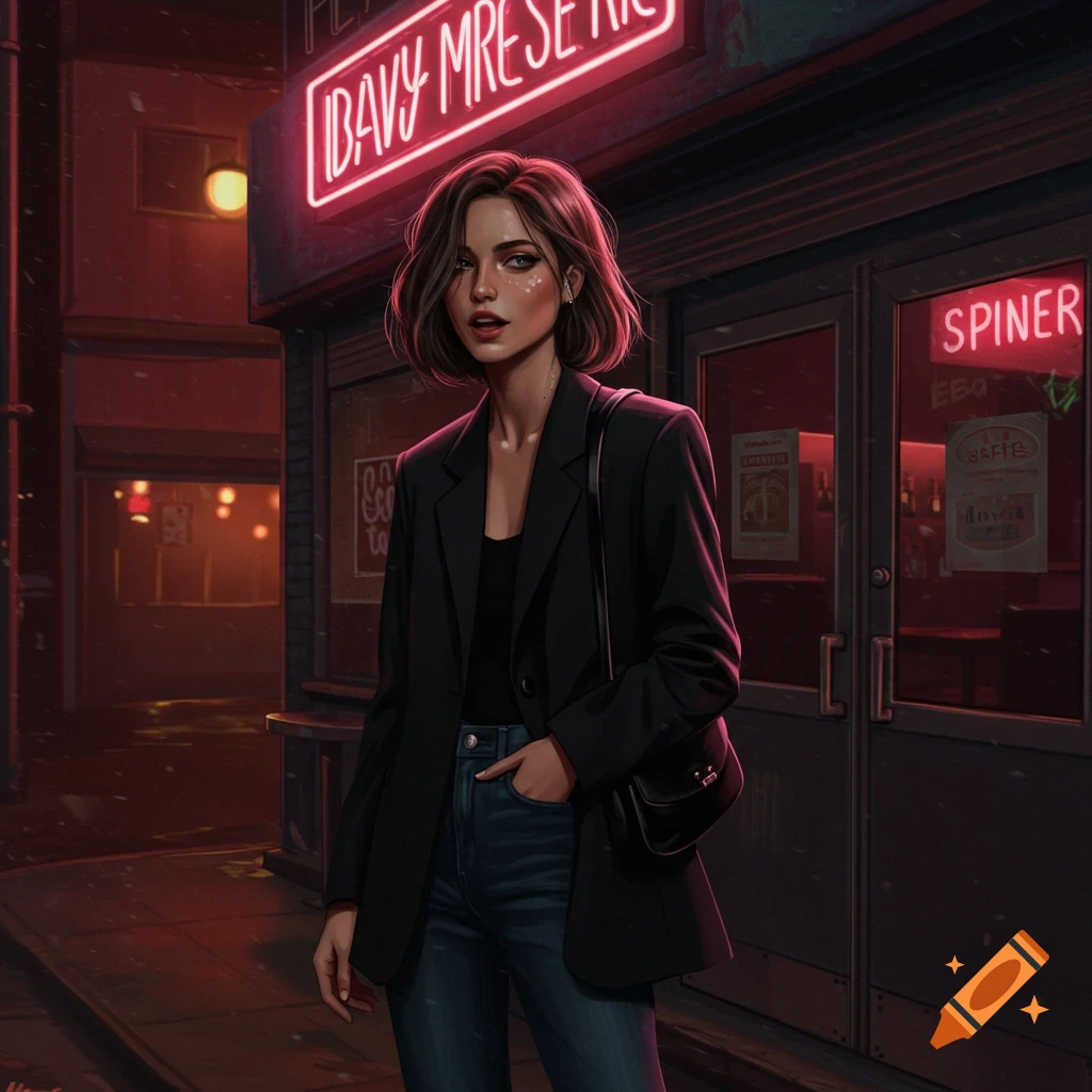 A woman in a black blazer stands outside a building with neon signs at night.