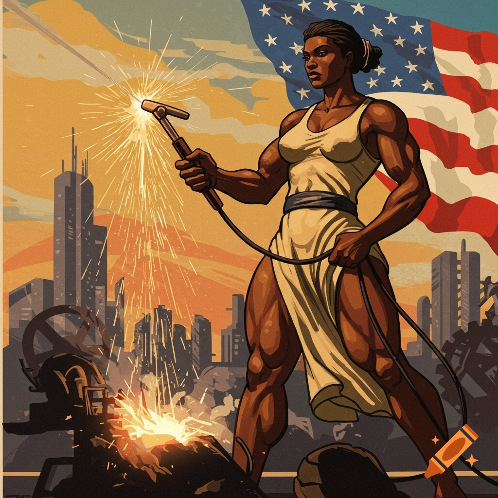 Muscular woman welding in front of a cityscape and American flag.