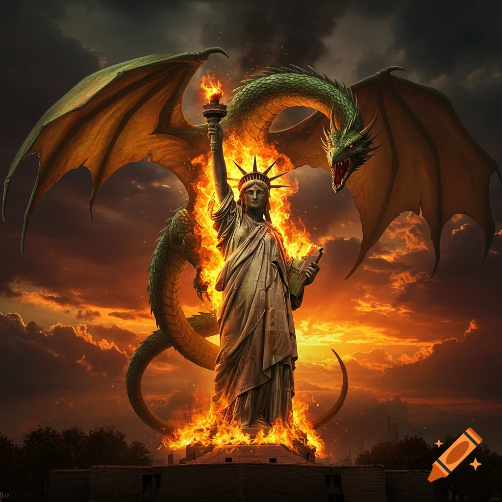 Statue of Liberty engulfed in fire with a large green dragon behind it against a dramatic orange sky.