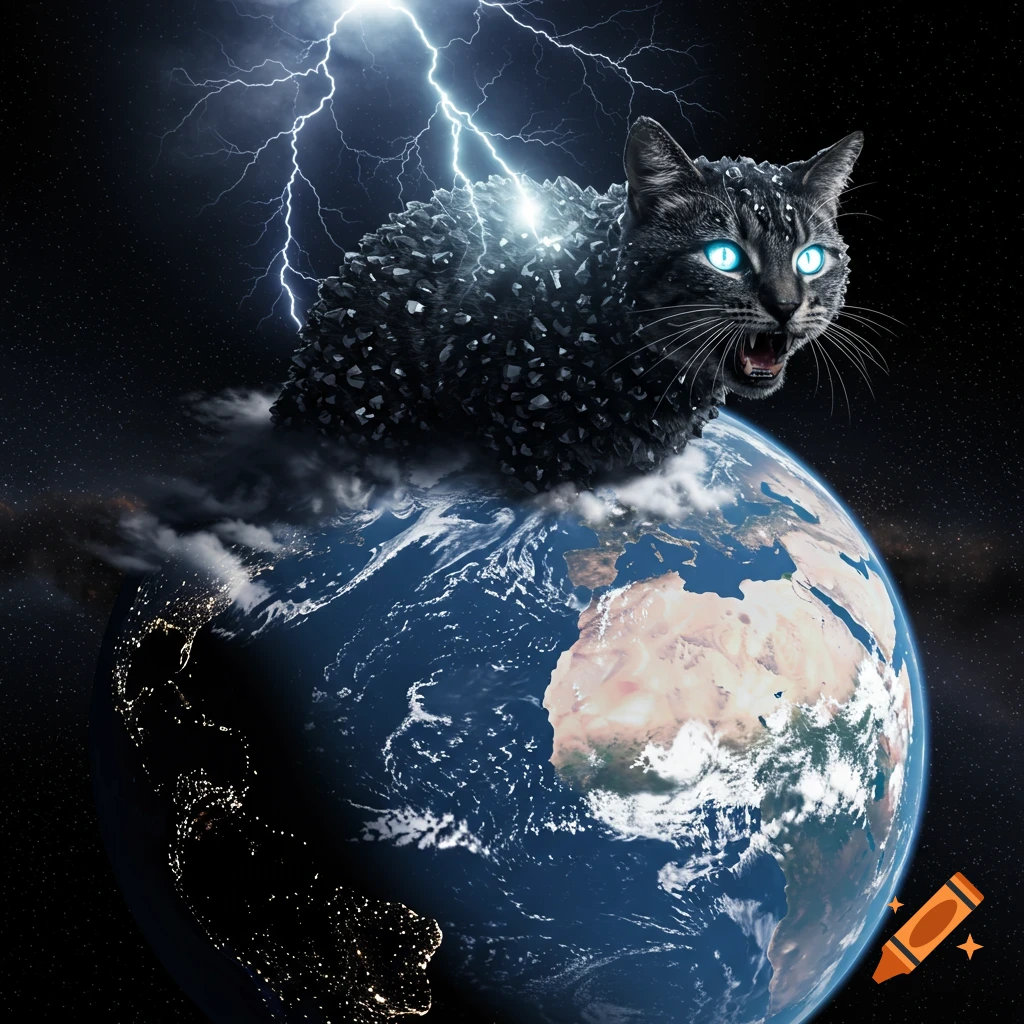 A dark crystal cat sits on Earth with lightning striking in space.
