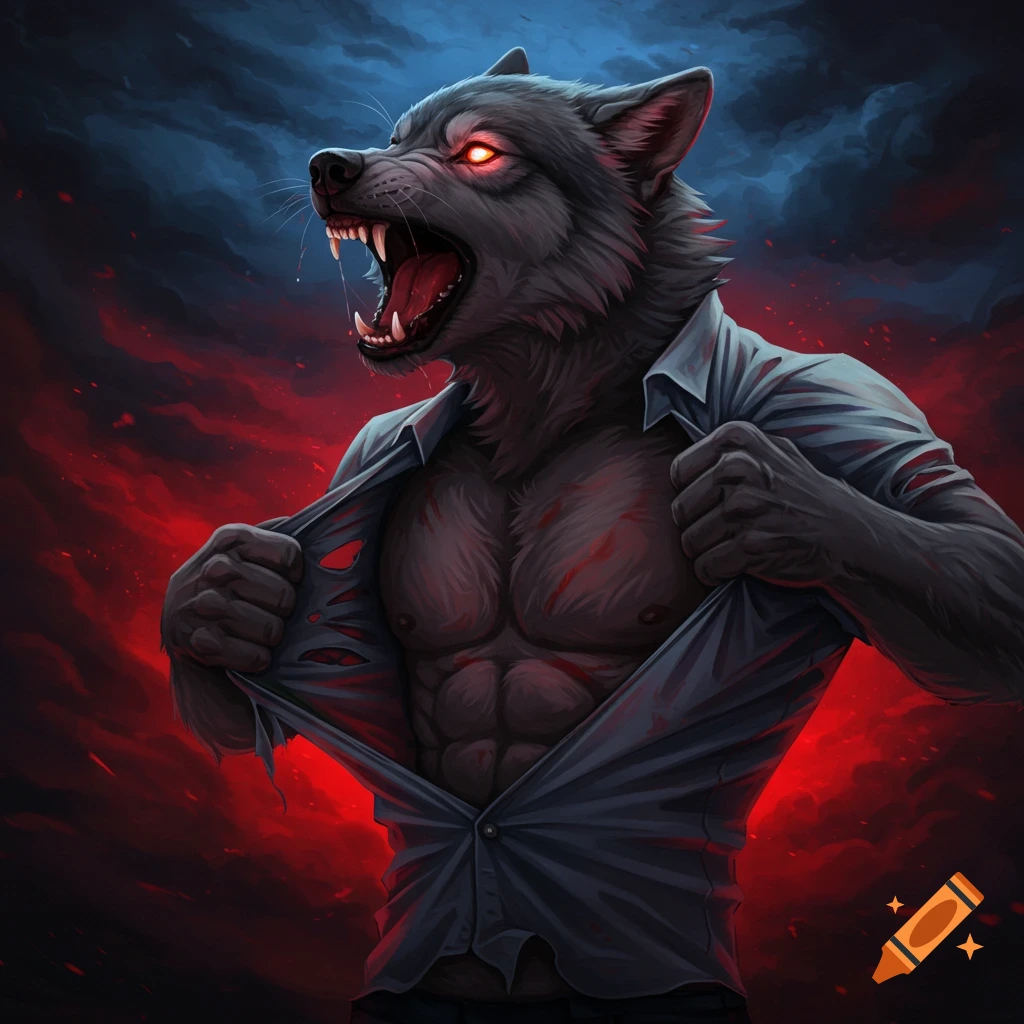 A snarling werewolf rips its shirt open against a stormy red and blue sky.