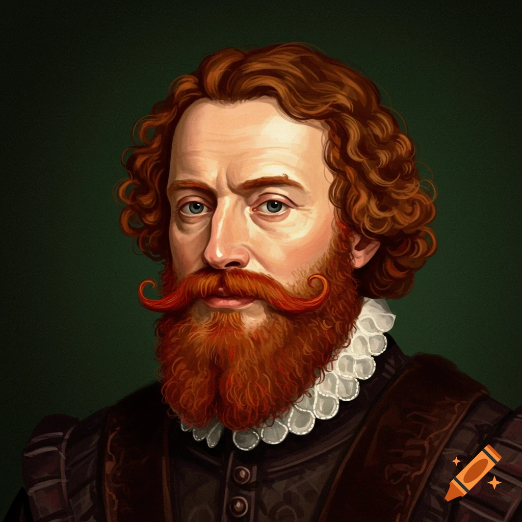 A man with red curly hair, beard, and mustache in Tudor-style clothing.