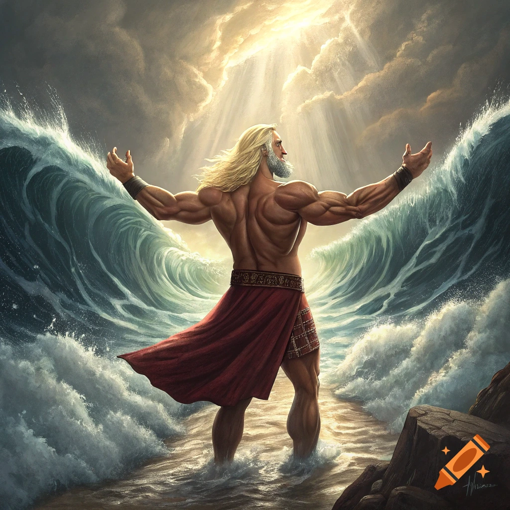 Muscular man splitting sea with raised arms under dramatic sky.