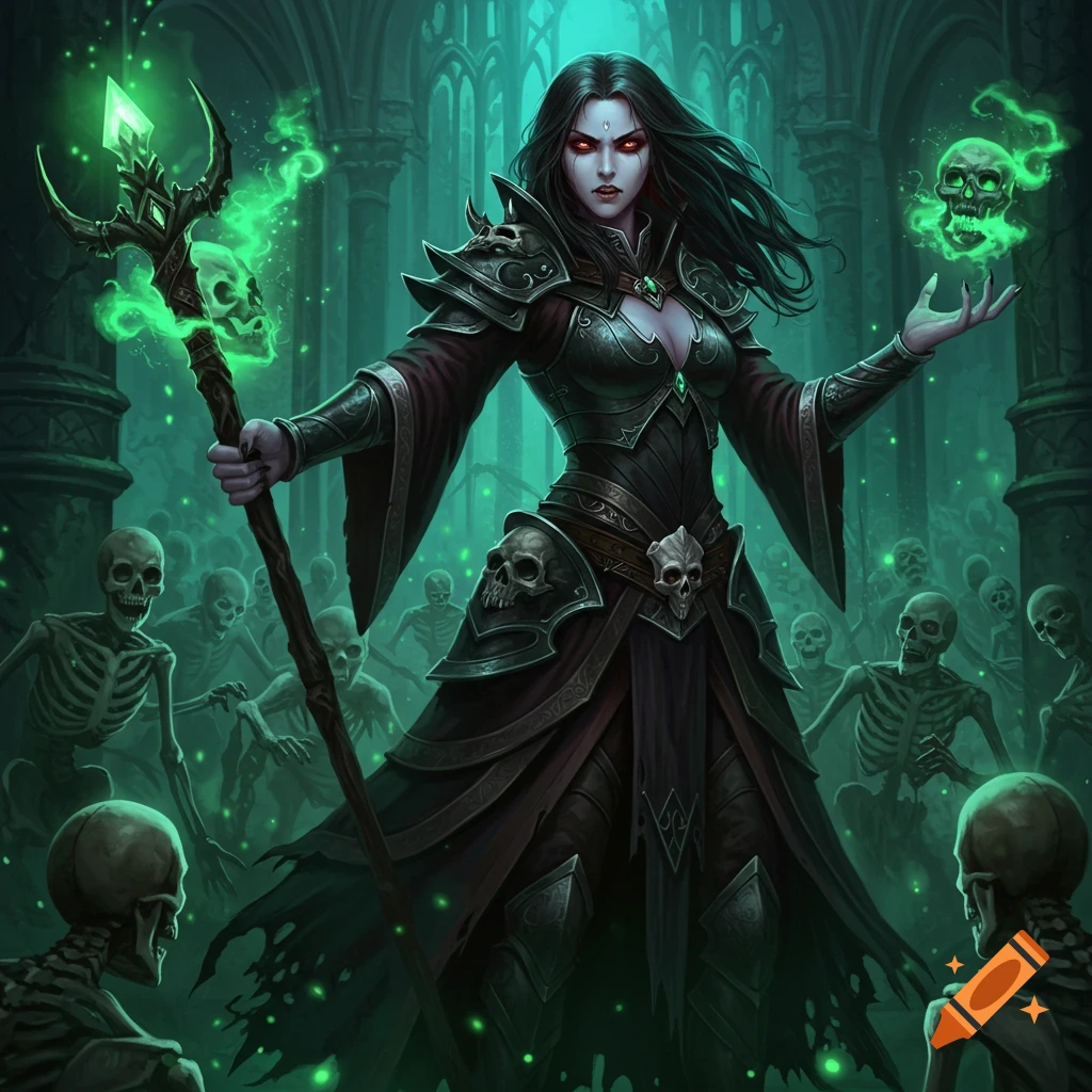 A female necromancer in dark armor holds a staff surrounded by skeletons in a gothic hall with green magical light.