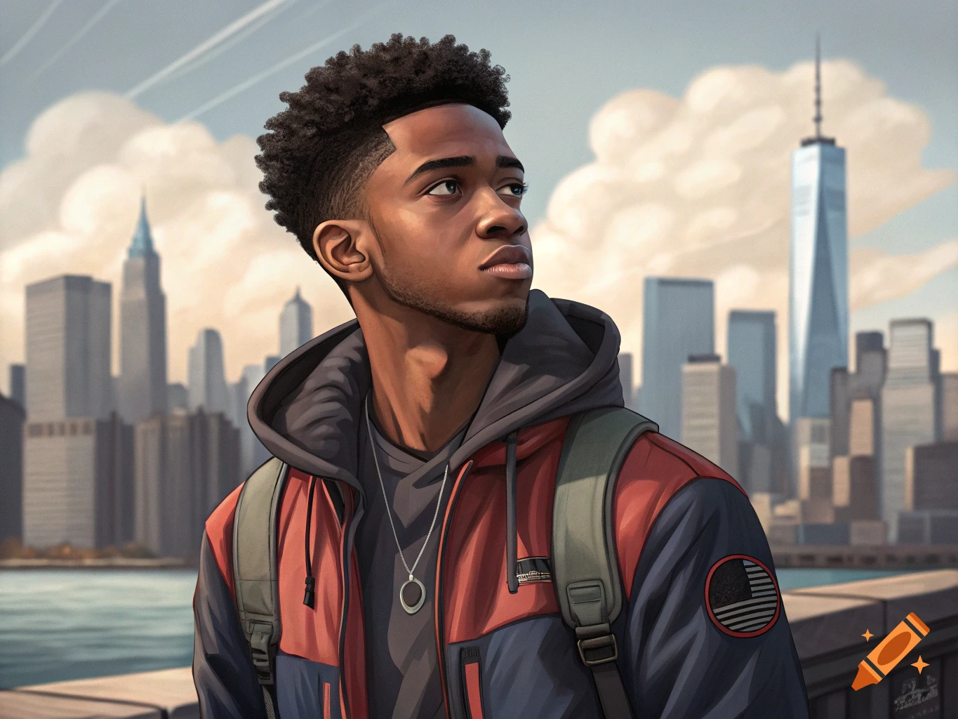 Illustration of a young Black man with an afro looking up at a stylized urban skyline behind him.