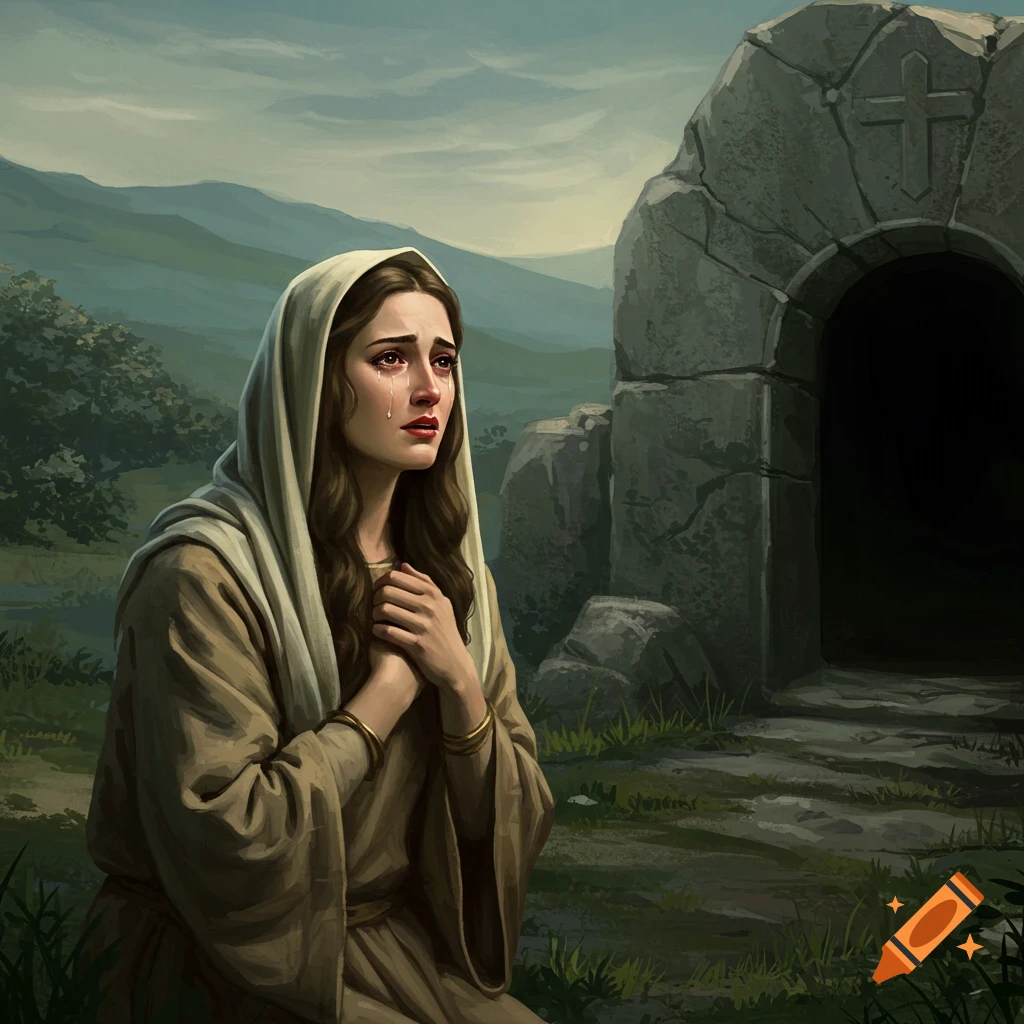 A woman kneels and weeps outside an empty tomb.