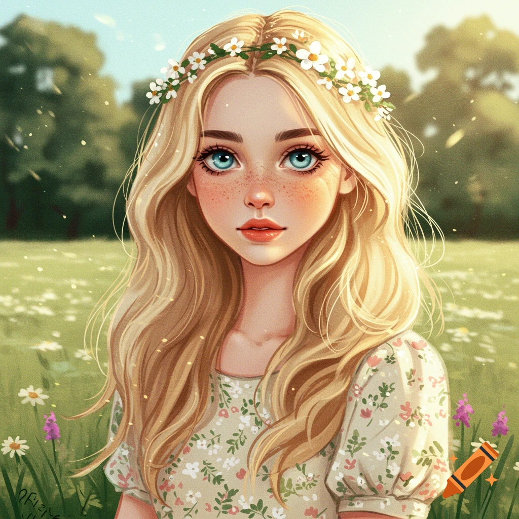 A girl with blonde hair and flower crown in a sunny wildflower field.