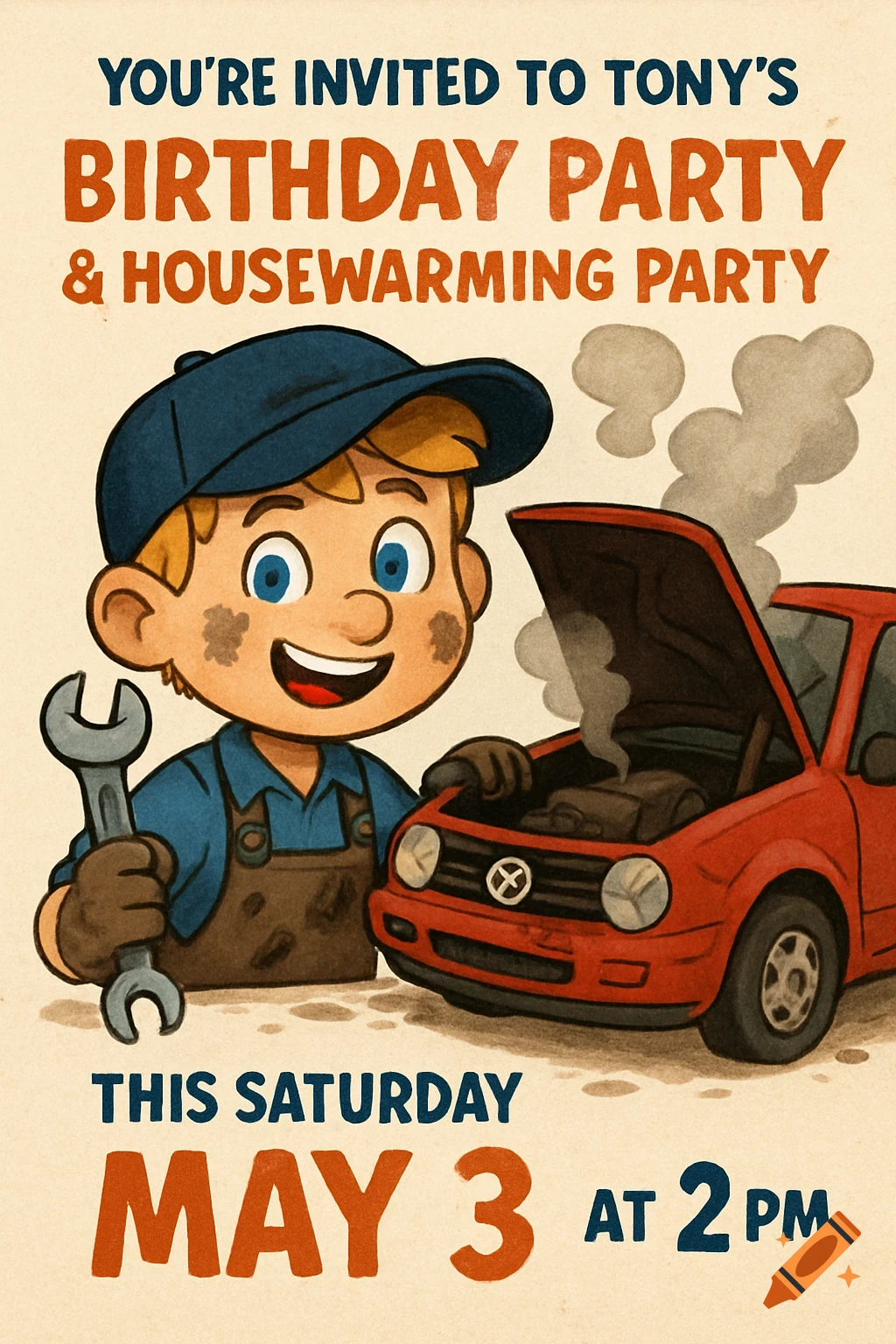 Cartoon invitation with mechanic boy holding a wrench next to a broken red car.
