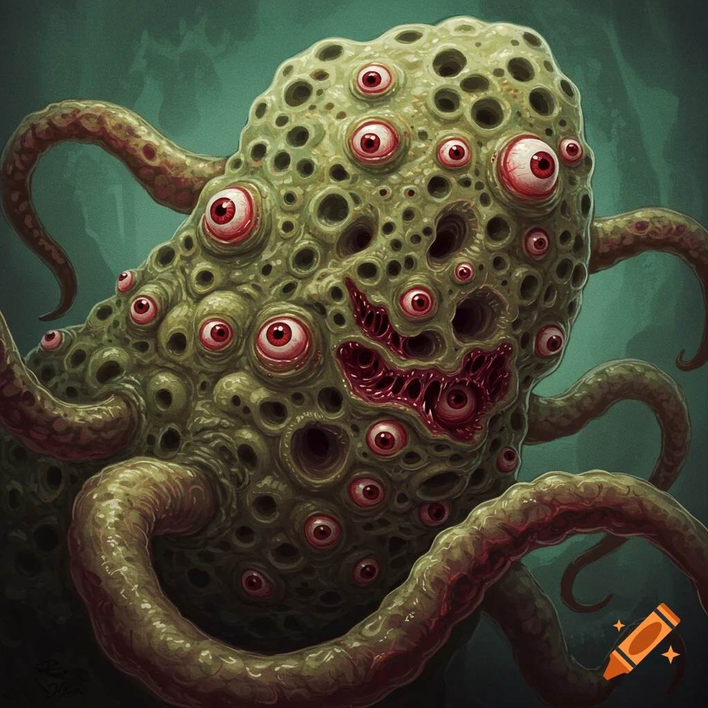A green blob creature covered in eyes and holes with tentacles.