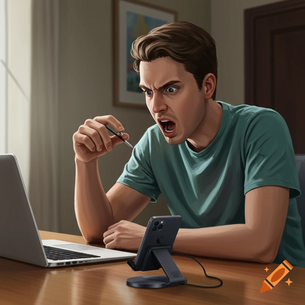 Painting of a man looking frustrated at a laptop screen while holding a pen. His phone is on a stand next to the laptop.