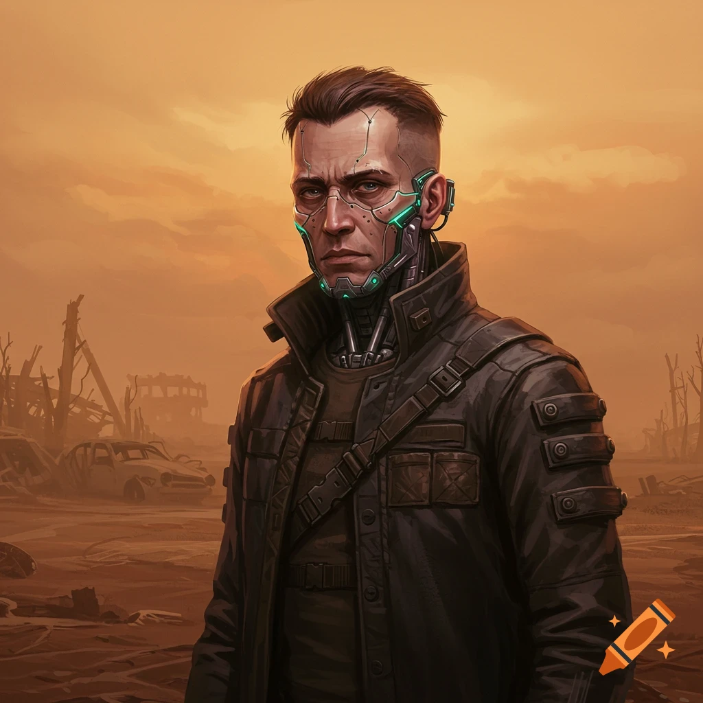 A cybernetic man stands in a post-apocalyptic wasteland.