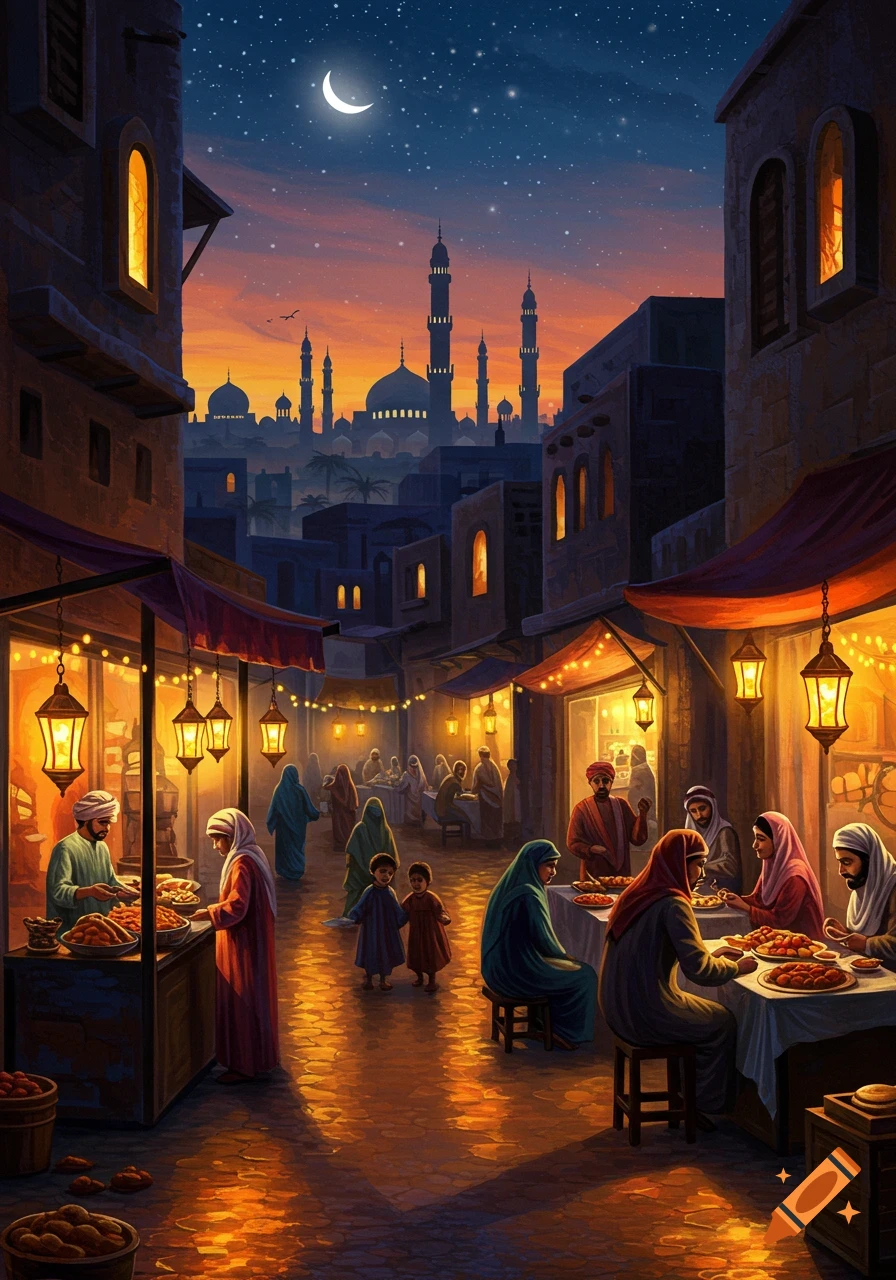A bustling Middle Eastern night market scene with people eating, lanterns, traditional buildings, mosques, and a crescent moon.