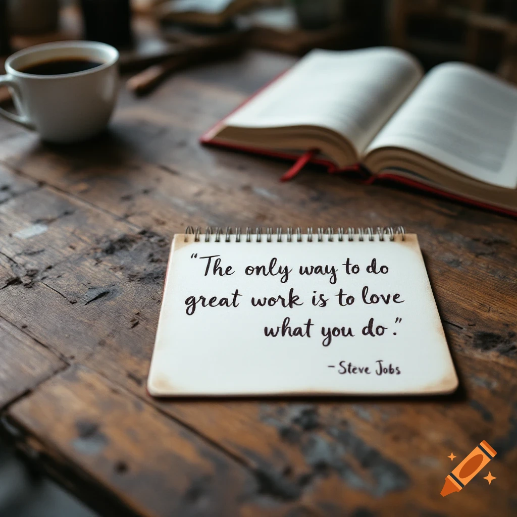 A notebook with the quote 'The only way to do great work is to love what you do.' on a wooden desk with a coffee cup and open book.
