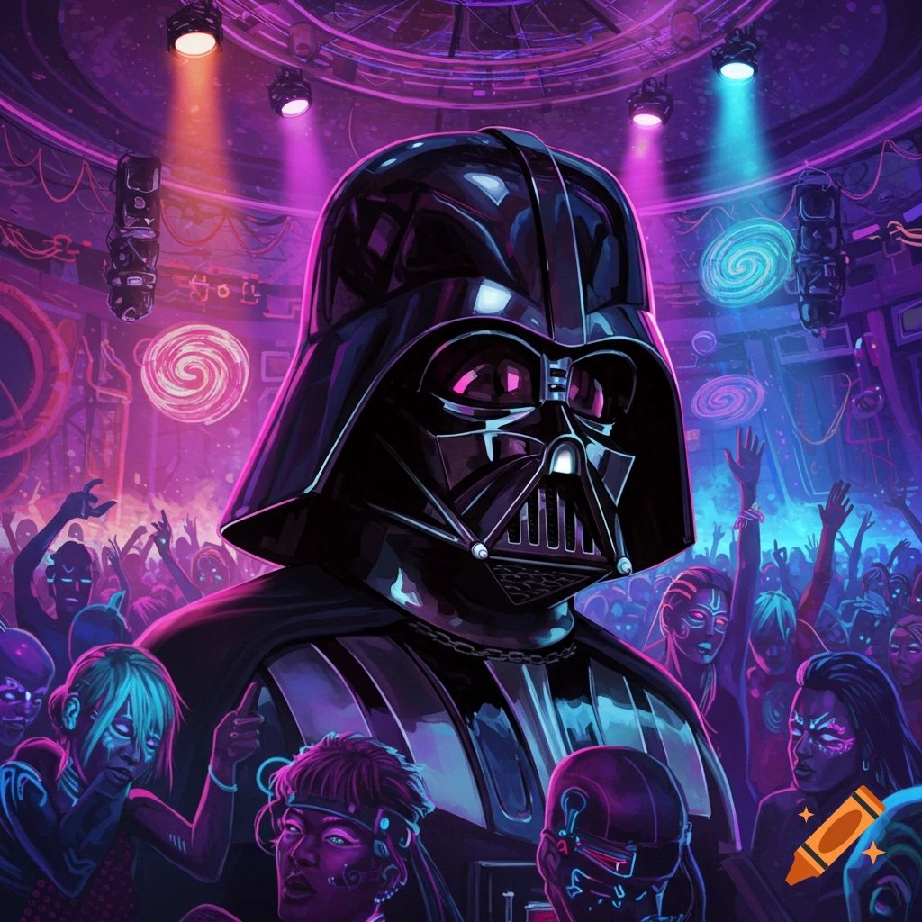Darth Vader at a futuristic rave with a dancing crowd and colorful lights.