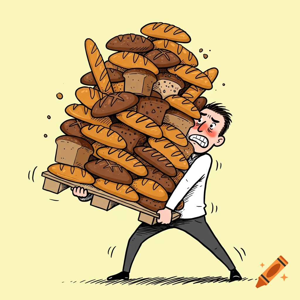 Cartoon drawing of a man straining to carry a pallet stacked high with loaves of bread.