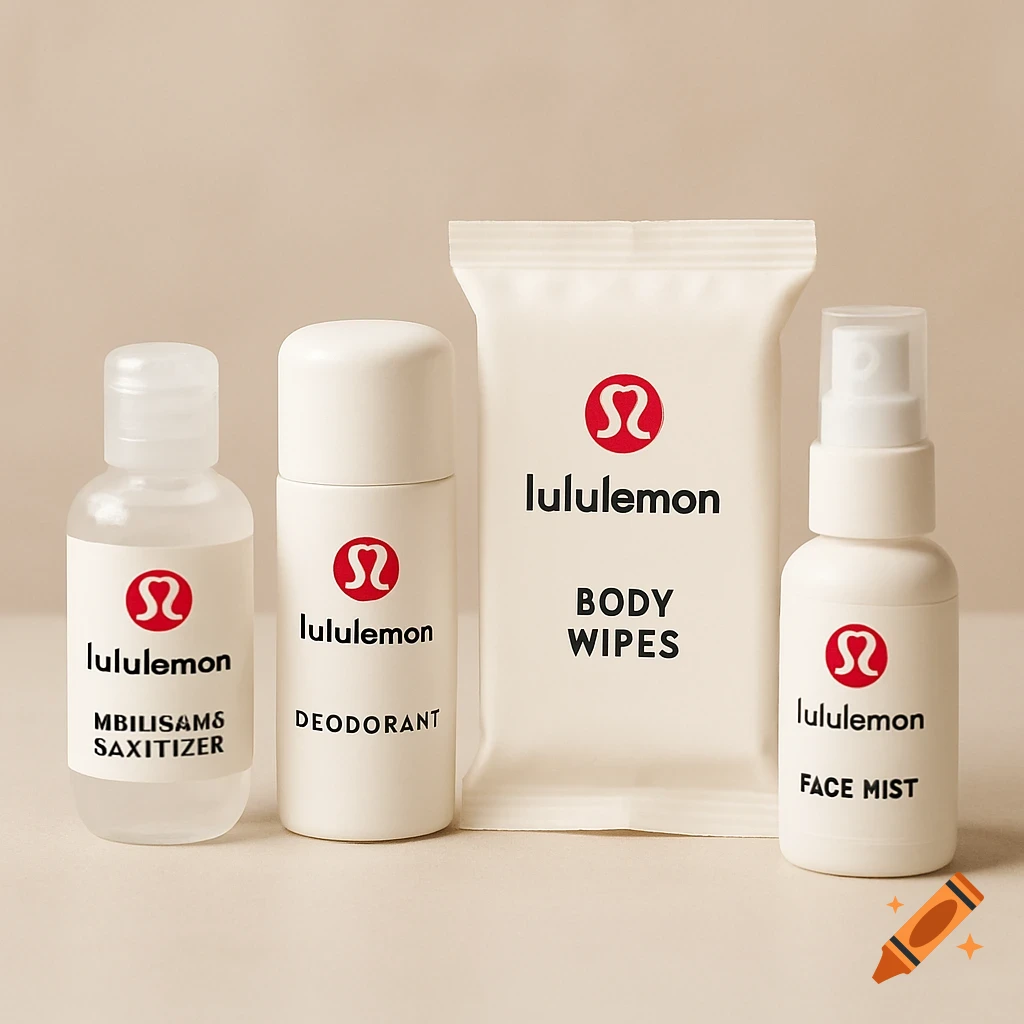 A close-up photo of four Lululemon personal care products: hand sanitizer, deodorant, body wipes, and face mist.