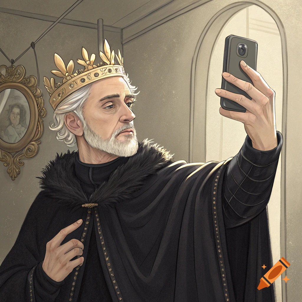 A king with white hair and a crown takes a selfie with a smartphone, wearing a black cape. Digital art.
