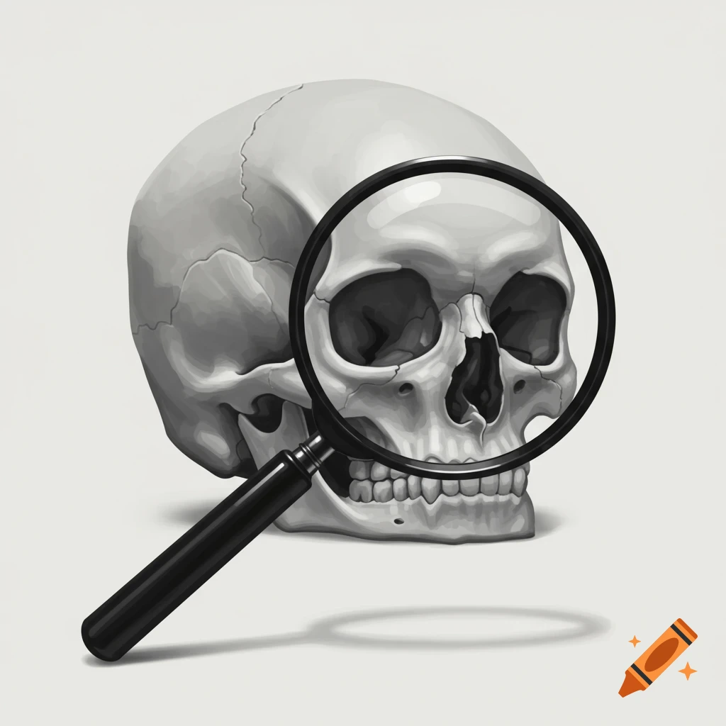 A skull with a magnifying glass.