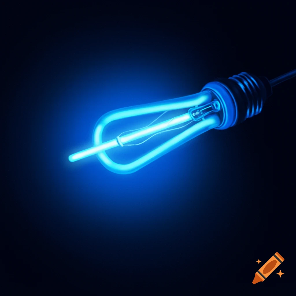 A glowing blue light bulb on a dark background, digital art.