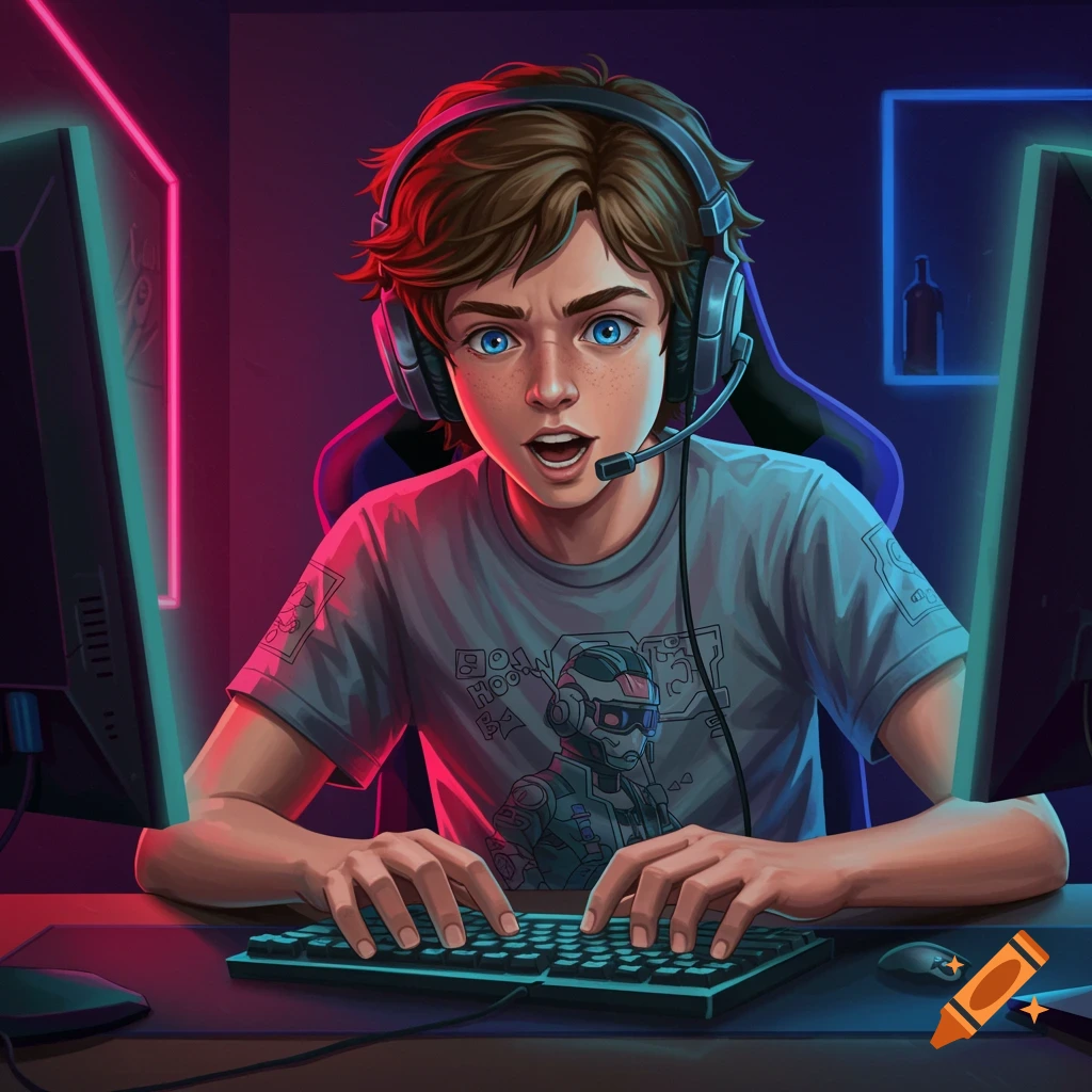 A teenage boy with headphones is deeply focused on gaming in a room illuminated by neon lights.