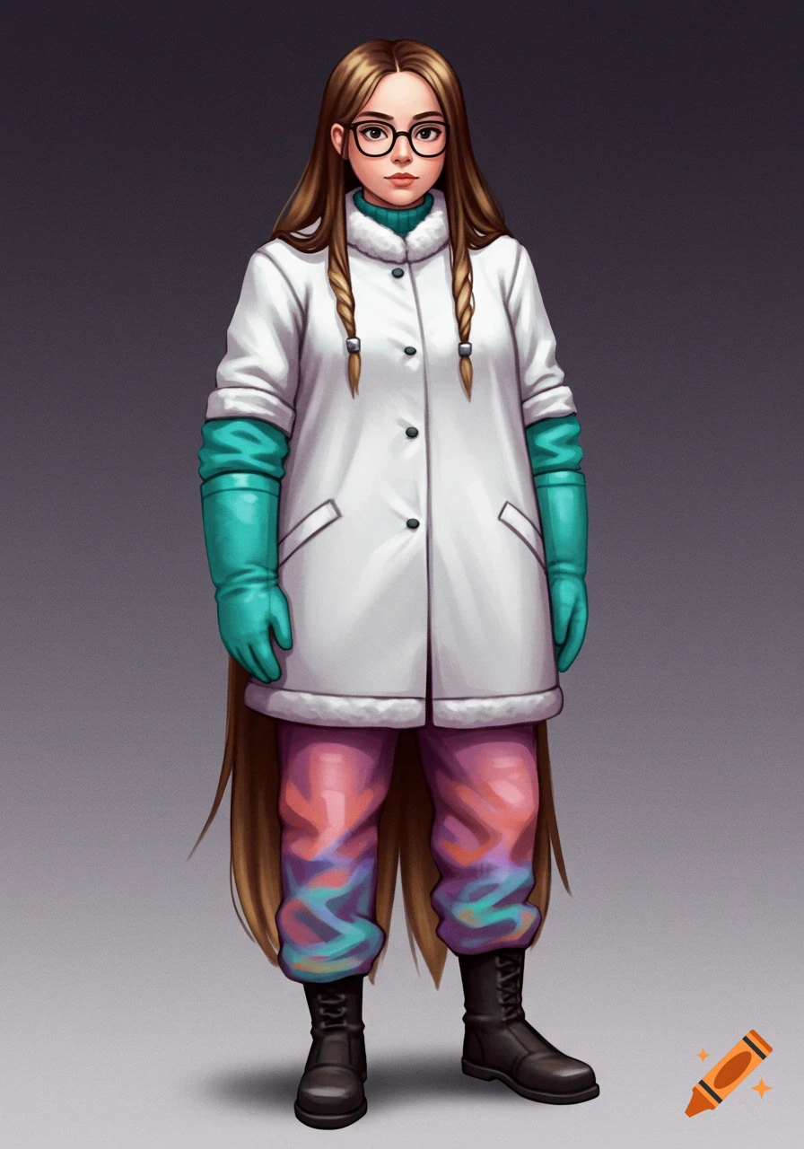 A female character is wearing a lab coat, glasses, and colorful pants.